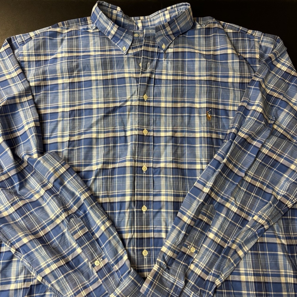 Ralph Lauren Button Down Long Sleeve Shirt Men 4XLT‎ Plaid Classic Fit Tan Pony